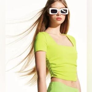 ZARA Lime Green Square Neck Cropped Shirt